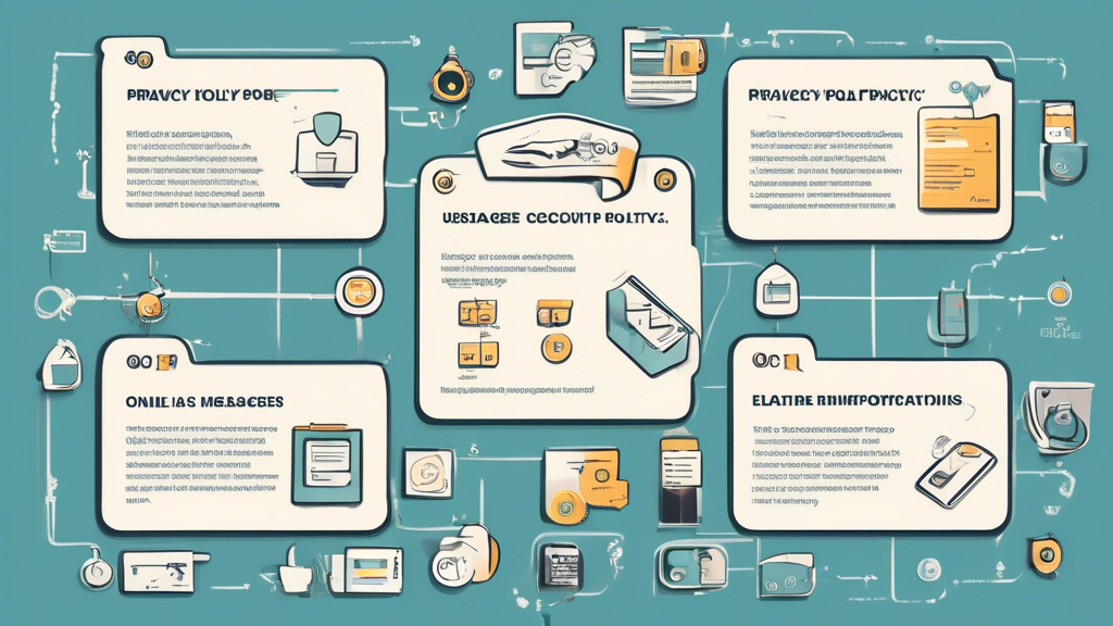 Create a detailed infographic illustrating an online store's privacy policy, featuring key elements such as data collection, user rights, data protection measures, cookie usage, and contact information. Use a professional and clean design with icons and text to clearly communicate each section.