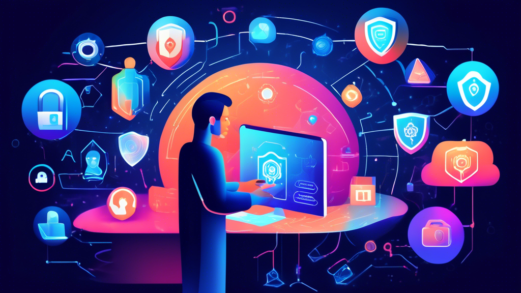 Create an illustration of a tech-savvy person in a futuristic digital environment, surrounded by holographic interfaces. The person is using tools like VPNs, firewalls, password managers, and two-factor authentication to protect their data. Icons representing online security and privacy (padlocks, shields, private browsing symbols) float around them, emphasizing the importance of safeguarding personal information in the digital age.