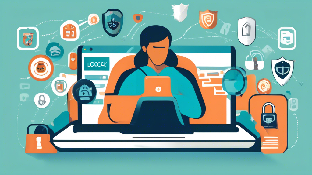 A digital illustration depicting a person using various devices (laptop, smartphone, tablet) with shields, locks, and privacy icons surrounding them. The background features a calm, organized workspace with icons of secure browsing (padlock on browser tab), multi-factor authentication symbols, and encrypted data streams to represent safe online practices. The color scheme is modern and emphasizes a sense of security and protection.