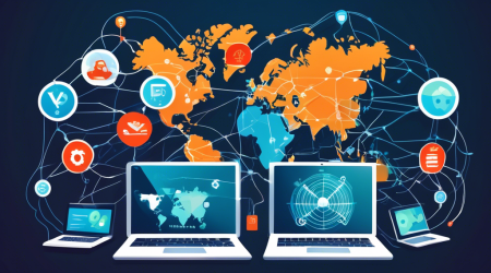 Create a visually appealing illustration comparing different VPN services, showcasing elements like digital security shields, encrypted connections, and a variety of devices (laptops, smartphones, tablets). The background should have a world map with network lines connecting various countries to signify global online privacy. The image should be modern, clean, and convey the importance of protecting data and staying secure online.