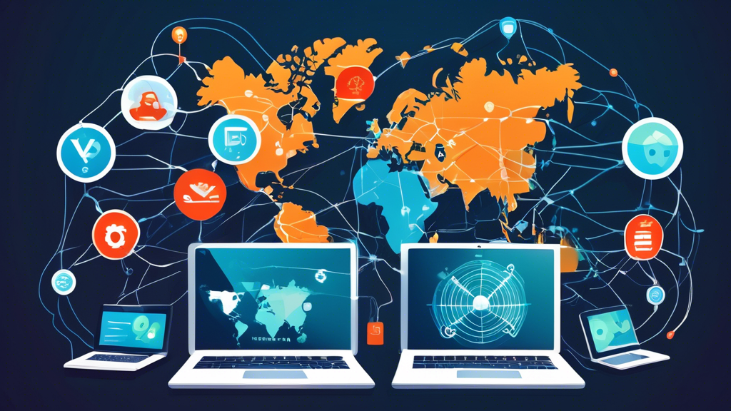 Create a visually appealing illustration comparing different VPN services, showcasing elements like digital security shields, encrypted connections, and a variety of devices (laptops, smartphones, tablets). The background should have a world map with network lines connecting various countries to signify global online privacy. The image should be modern, clean, and convey the importance of protecting data and staying secure online.