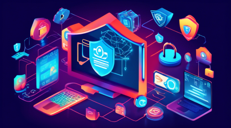 Create an illustration depicting various advanced internet privacy software tools being used on different devices such as laptops, smartphones, and tablets in a futuristic 2023 setting. The image should include icons representing encryption, VPNs, firewalls, and antivirus programs. Surround the scene with visual elements such as digital shields, padlocks, and secure connection symbols to emphasize protection and security.