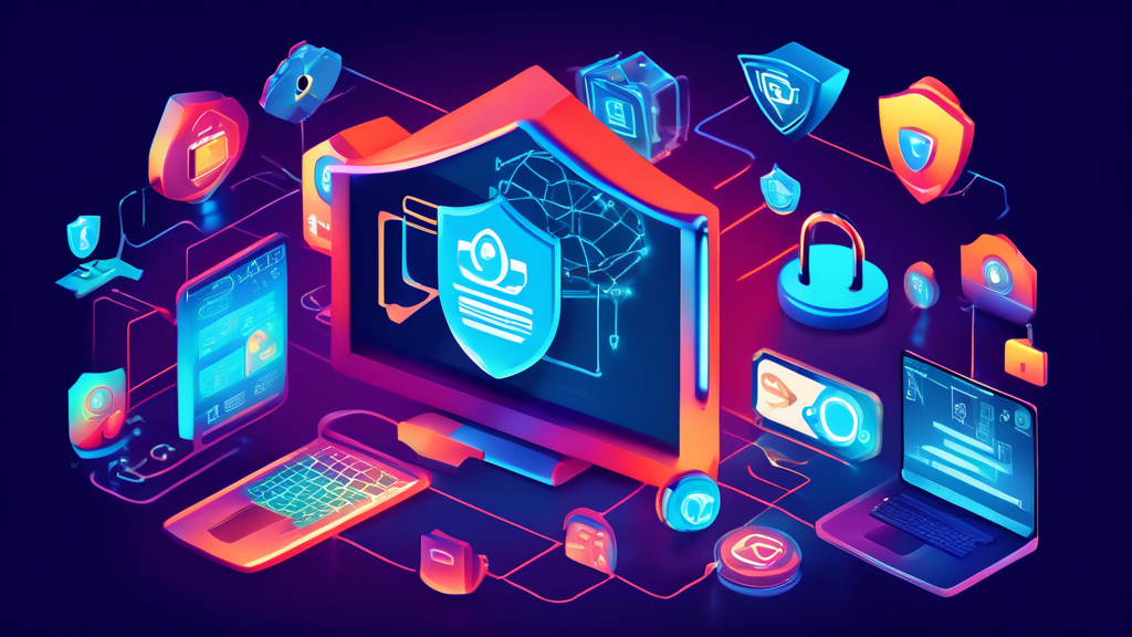 Create an illustration depicting various advanced internet privacy software tools being used on different devices such as laptops, smartphones, and tablets in a futuristic 2023 setting. The image should include icons representing encryption, VPNs, firewalls, and antivirus programs. Surround the scene with visual elements such as digital shields, padlocks, and secure connection symbols to emphasize protection and security.