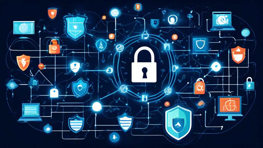 Create an image depicting a secure digital world. Illustrate various cybersecurity elements like shields, locks, and encrypted connections hovering around a computer screen, highlighting the importance of online privacy services. Include icons representing VPNs, antivirus software, and firewall protection. Make the background a network of interconnected lines symbolizing the internet, with a focus on data security and user privacy.