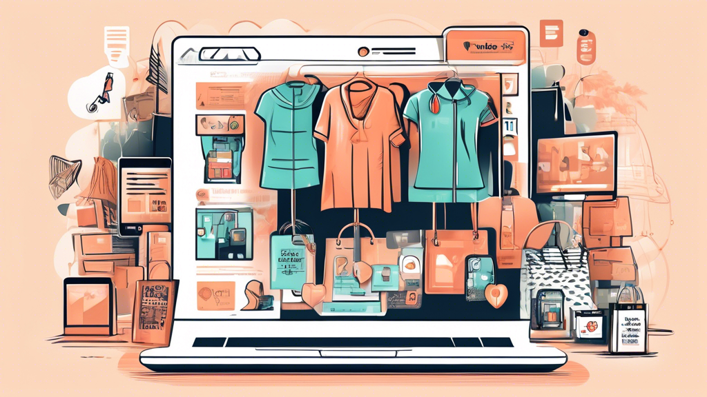 Create an image of a modern online shopping scene, focusing on a laptop screen displaying a clothing store's website. Include visual elements like privacy policy text highlighted on the screen, shopping cart icons, and secure padlocks to emphasize data privacy. Surround the laptop with stylish clothing and accessories to reflect the fashion context.