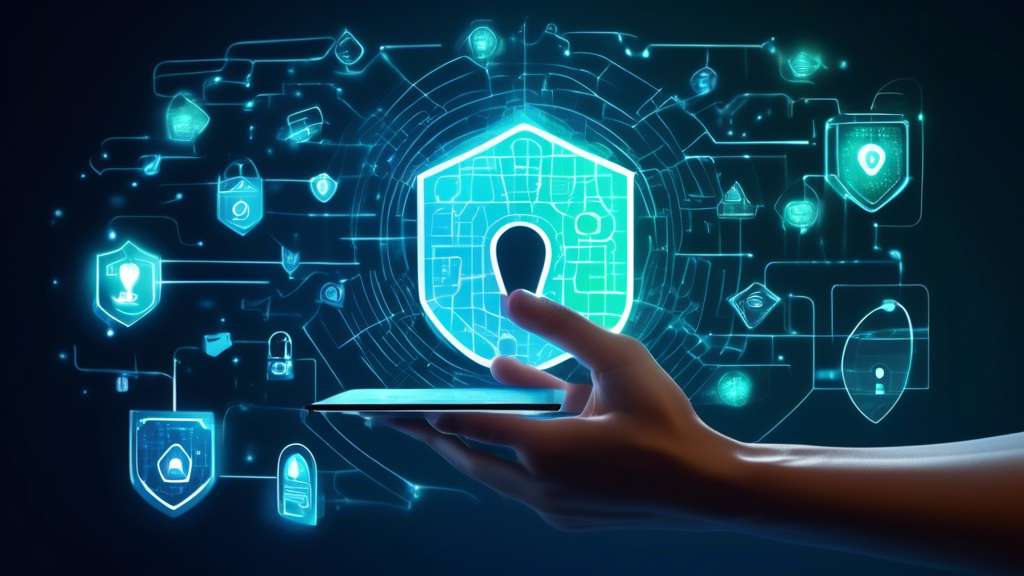 Create an image depicting a virtual privacy card, glowing and hovering above a person's hand, with digital security icons such as locks, shields, and encrypted codes surrounding it. The background should feature a blend of a digital network grid and a serene, abstract representation of privacy and safety. The overall theme should convey the concept of online security and the protection of personal information.