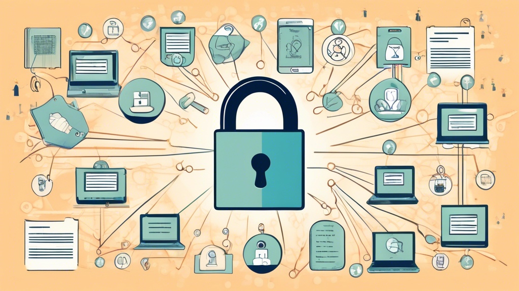 Create an image depicting a digital document titled Online Privacy Policy being securely locked with a padlock, surrounded by symbols of personal data like email addresses, phone numbers, and profile pictures. The background should feature a network grid to represent the internet, with soft, reassuring colors to convey a sense of security and trust.