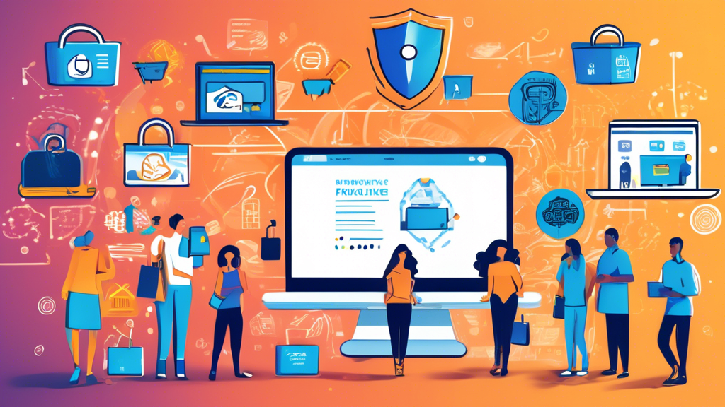 An illustration depicting the concept of online shopping privacy policies: A visually appealing e-commerce website on a laptop screen, surrounded by icons symbolizing data protection and privacy such as padlocks, shields, and fingerprint scans, with a diverse group of people confidently shopping online in the background.