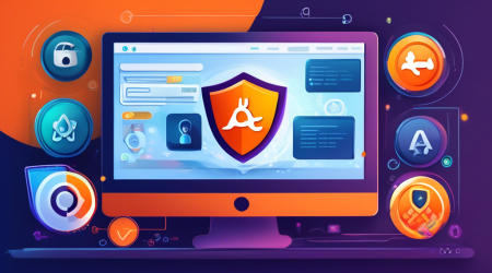 Create a detailed and vibrant digital illustration of a computer screen displaying a browser with an active Avast Online Security & Privacy Extension. Incorporate icons and symbols representing internet security, such as a shield, a lock, and a privacy mask, seamlessly integrated into the browser interface. Add a user with a confident expression in the background, symbolizing safe and secure browsing. Make the scene dynamic and modern, emphasizing a sense of protection and safety online.