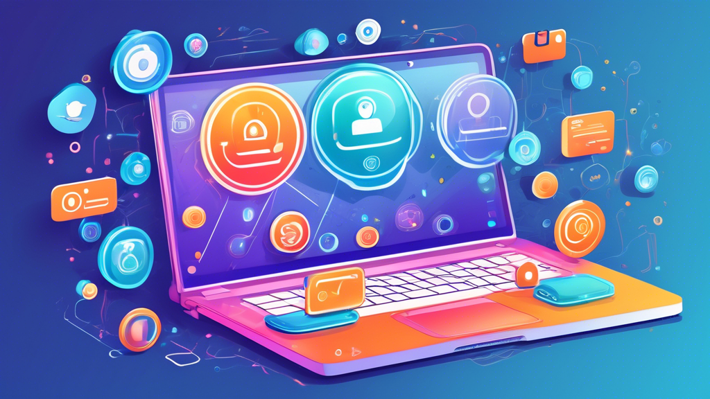 Create a vibrant digital illustration depicting a laptop shielded by a protective bubble, symbolizing online security. Surround the bubble with floating icons representing various online activities such as shopping, browsing, and social media. The laptop screen displays the Avast logo, emphasizing the app's role in safeguarding online privacy and security.