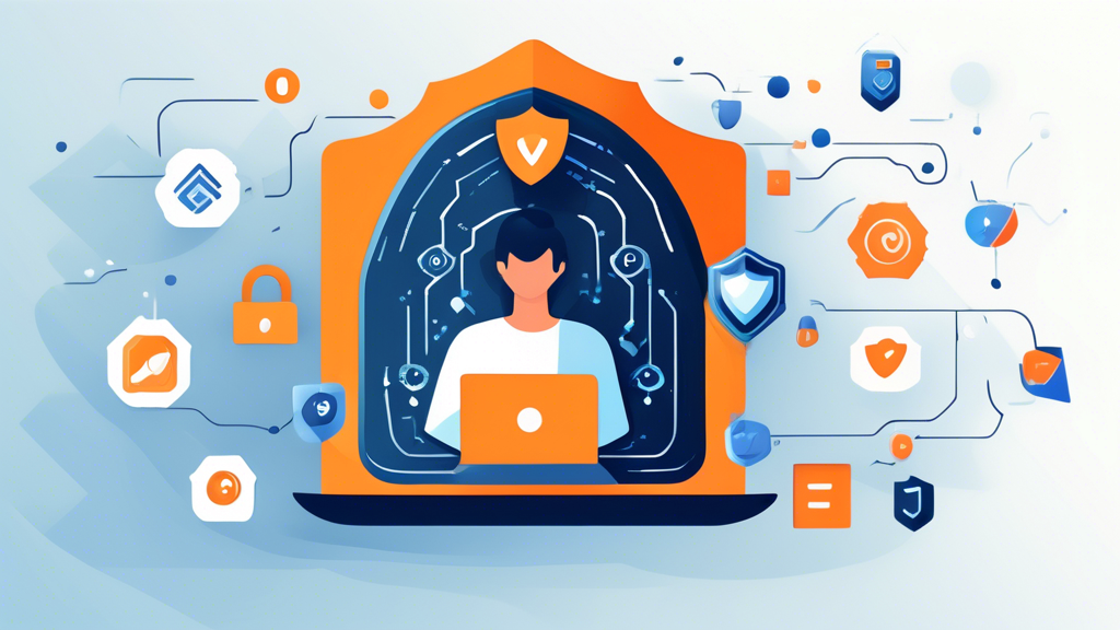 Create a digital art illustration of a person browsing the internet on a laptop with a shield symbol and lock icon around the laptop, symbolizing enhanced online security. Include subtle elements like the Avast logo in the background and icons representing privacy features like tracking protection and safe browsing. The overall theme should be modern and clean, conveying a sense of safety and privacy while using the internet.