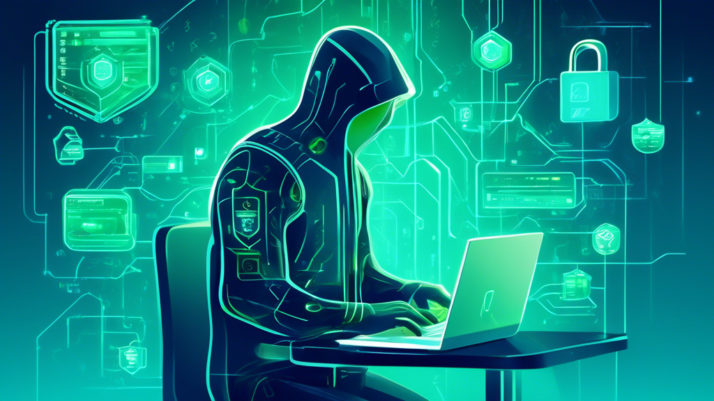 Create an illustration of a futuristic, secure online financial transaction scenario. Show a person using a laptop with a digital shield protecting their personal and financial information. Incorporate elements like encrypted data streams, padlocks, and symbols indicating privacy and security. Use a blend of cool blues and greens to signify trust and safety while maintaining a modern, high-tech aesthetic.