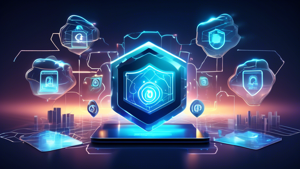 Create an image that depicts a futuristic digital landscape with multiple online services such as email, cloud storage, and social media being protected by a transparent, glowing shield. The image should feature locks, encryption symbols, and vigilant digital guardians to represent privacy and security. There should be a sense of advanced technology and trust, with users feeling safe and secure as they interact with the online services.