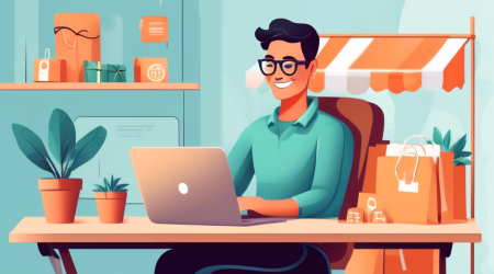 Create an illustration of a cheerful online store owner sitting at a desk with a laptop, creating a free ecommerce privacy policy. The scene should include a modern, professional-looking template on the laptop screen, with text related to privacy policies visible. The background should feature elements like shopping bags and delivery boxes, symbolizing an active ecommerce business. Make the atmosphere inviting and business-oriented, with a focus on the ease and importance of creating a privacy policy for the online store.