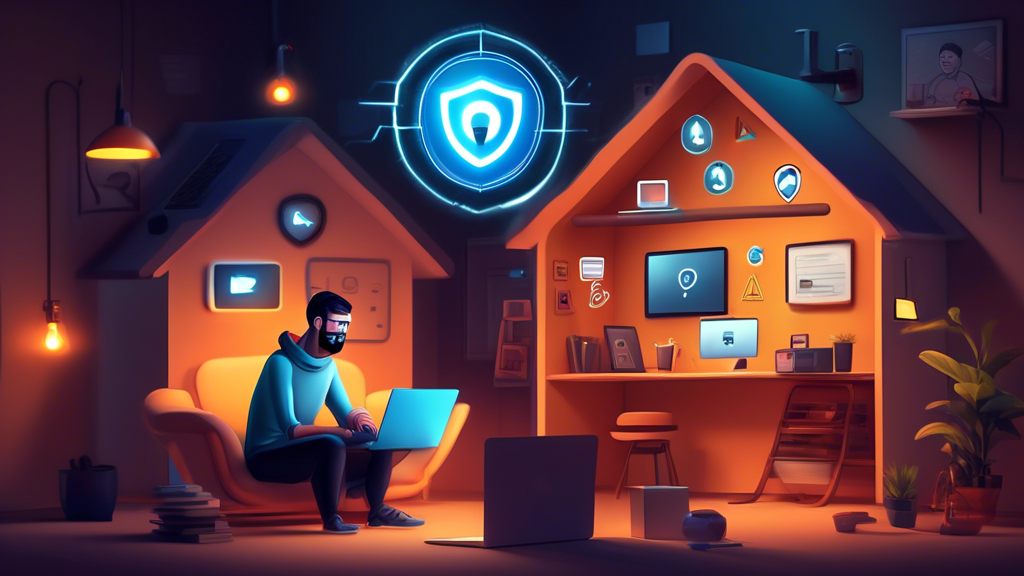 Create a hyper-realistic illustration of various online privacy tools and technologies surrounding a person using a laptop in a cozy home setting. The tools include VPN icons, encrypted chat bubbles, two-factor authentication keys, password managers, and firewall graphics. The environment should feel secure and private, with dim lighting creating a warm, protective atmosphere.