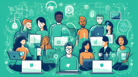 Create a digital illustration of a diverse group of people using different devices like laptops, tablets, and smartphones, all surrounded by icons representing various online privacy measures such as VPNs, two-factor authentication, password managers, and encrypted communications. The background should be a soft blend of blues and greens, symbolizing security and trust.