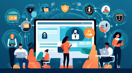 Create an image that illustrates the concept of online privacy protection. The scene should feature a laptop with various cybersecurity tools on the screen, such as VPNs, antivirus software, and password managers. Surrounding the laptop, incorporate visual elements like shields, locks, and a digital fingerprint. Include a diverse group of people using smartphones and tablets, all appearing secure and confident. The background should be a calm, tech-inspired environment with a subtle grid or circuit board pattern.