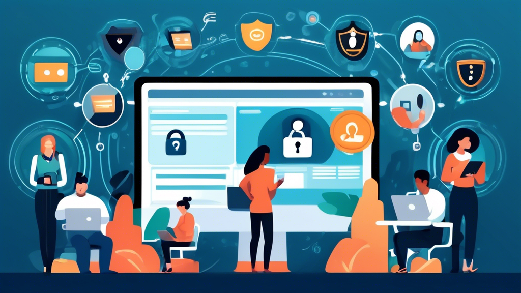 Create an image that illustrates the concept of online privacy protection. The scene should feature a laptop with various cybersecurity tools on the screen, such as VPNs, antivirus software, and password managers. Surrounding the laptop, incorporate visual elements like shields, locks, and a digital fingerprint. Include a diverse group of people using smartphones and tablets, all appearing secure and confident. The background should be a calm, tech-inspired environment with a subtle grid or circuit board pattern.