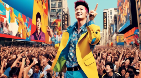 Create an image that showcases the immense popularity of a charismatic male pop idol, Cal Oppa, in contemporary urban culture. Picture a bustling cityscape adorned with towering billboards featuring Cal Oppa’s vibrant, eye-catching promotional posters and advertisements. Include diverse groups of enthusiastic fans holding up signs and wearing merchandise with his image, gathered in energetic crowds near a concert venue or a record store. Capture the excitement, colorful lights, and dynamic energy that reflect his significant impact on modern pop culture.