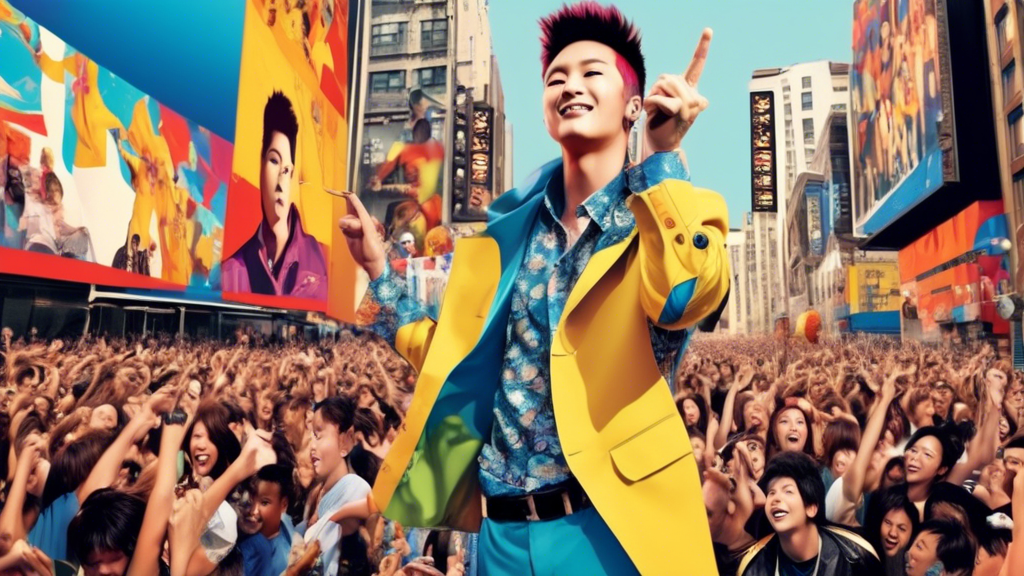 Create an image that showcases the immense popularity of a charismatic male pop idol, Cal Oppa, in contemporary urban culture. Picture a bustling cityscape adorned with towering billboards featuring Cal Oppa’s vibrant, eye-catching promotional posters and advertisements. Include diverse groups of enthusiastic fans holding up signs and wearing merchandise with his image, gathered in energetic crowds near a concert venue or a record store. Capture the excitement, colorful lights, and dynamic energy that reflect his significant impact on modern pop culture.