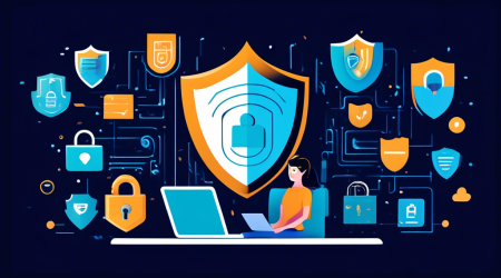 Create an illustration that visually represents the concept of data privacy during online data collection: depict a person using a laptop with a digital shield protecting a cloud of binary code. The shield displays icons of a lock, a fingerprint, and an eye with a cross over it, symbolizing security, identity protection, and privacy. Surround the setup with abstract elements representing data flow, such as interconnected lines and nodes that form a network map in the background. The color scheme should convey a sense of trust and security, using shades of blue and green.