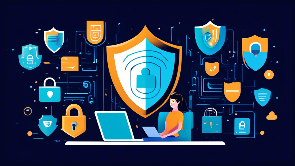 Create an illustration that visually represents the concept of data privacy during online data collection: depict a person using a laptop with a digital shield protecting a cloud of binary code. The shield displays icons of a lock, a fingerprint, and an eye with a cross over it, symbolizing security, identity protection, and privacy. Surround the setup with abstract elements representing data flow, such as interconnected lines and nodes that form a network map in the background. The color scheme should convey a sense of trust and security, using shades of blue and green.