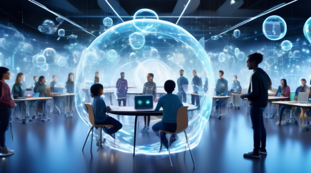 Create an image of a futuristic online classroom with diverse students appearing as holograms, each surrounded by transparent data bubbles representing their personal information. In the center, a visually striking digital shield hovers, symbolizing the protection and security of student data. The classroom setting should blend advanced technology with elements of a traditional learning environment, emphasizing the integration of privacy and education in a digital era.