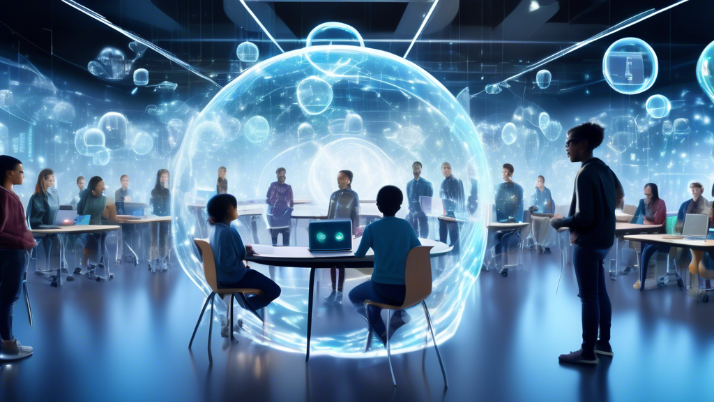 Create an image of a futuristic online classroom with diverse students appearing as holograms, each surrounded by transparent data bubbles representing their personal information. In the center, a visually striking digital shield hovers, symbolizing the protection and security of student data. The classroom setting should blend advanced technology with elements of a traditional learning environment, emphasizing the integration of privacy and education in a digital era.