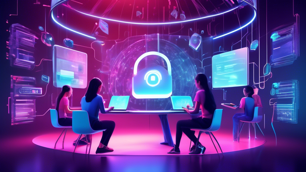 Create an image that depicts the concept of data privacy in online learning platforms. The composition should feature a vibrant virtual classroom setting structured like a futuristic, digitally enhanced space. Include elements such as a giant digital lock hovering above, symbolizing security, alongside diverse students using holographic tablets that display encrypted codes. The scene should emanate a sense of safety, with digital shields surrounding the students, and visual representations of encrypted data streams flowing securely through the classroom environment.