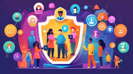 Create an illustration depicting a colorful digital landscape representing an online platform, filled with diverse user avatars of all ages. In the foreground, a large, protective shield labeled COPPA Compliance ensures that the platform is secure and safe for young users. Include visual elements like lock symbols, checkmarks, and friendly symbols of privacy and protection, to convey the message of safeguarding children’s online experience.