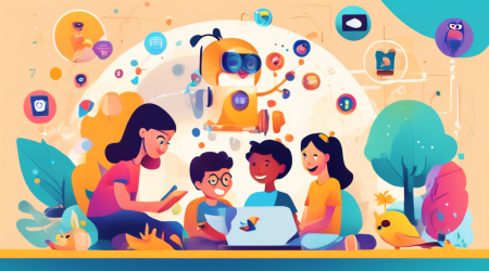 Create an image that illustrates the concept of online privacy protection for children under the Children's Online Privacy Protection Act (COPPA). The scene should depict a digital landscape with various online platforms and websites, each symbolized by colorful, child-friendly icons such as a cartoon owl, a smiling book, and a playful robot. In the foreground, a diverse group of children are engaging with the icons, shielded by a semi-transparent, protective digital barrier. This barrier should look secure yet inviting, with symbols like a padlock and shield that represent privacy protection. Parents or guardians stand nearby, watching with a sense of trust and security. The overall tone of the image should be bright and reassuring, emphasizing safety in the digital world for children.