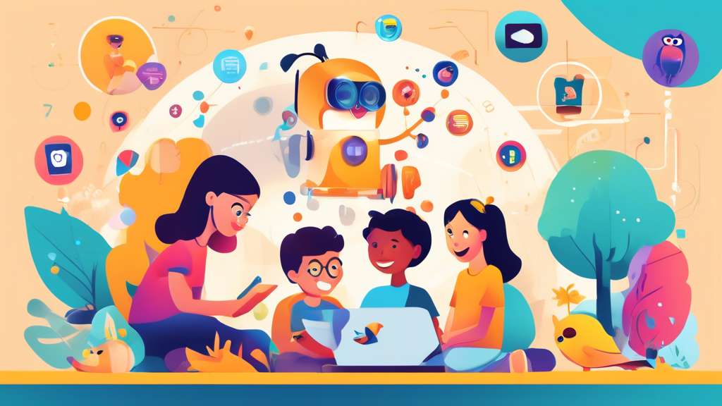 Create an image that illustrates the concept of online privacy protection for children under the Children's Online Privacy Protection Act (COPPA). The scene should depict a digital landscape with various online platforms and websites, each symbolized by colorful, child-friendly icons such as a cartoon owl, a smiling book, and a playful robot. In the foreground, a diverse group of children are engaging with the icons, shielded by a semi-transparent, protective digital barrier. This barrier should look secure yet inviting, with symbols like a padlock and shield that represent privacy protection. Parents or guardians stand nearby, watching with a sense of trust and security. The overall tone of the image should be bright and reassuring, emphasizing safety in the digital world for children.