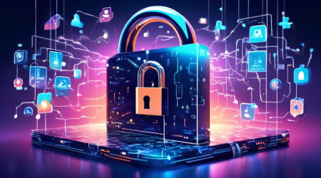 Create an image depicting a futuristic digital landscape where a large padlock, symbolizing privacy protection, dominates the scene. Surrounding the padlock, showcase various floating digital data and social media icons being securely deleted or shielded, illustrating the concept of safeguarding personal information. The background should have a technological and secure ambiance, with people confidently interacting with their devices, reflecting a sense of security and privacy awareness.