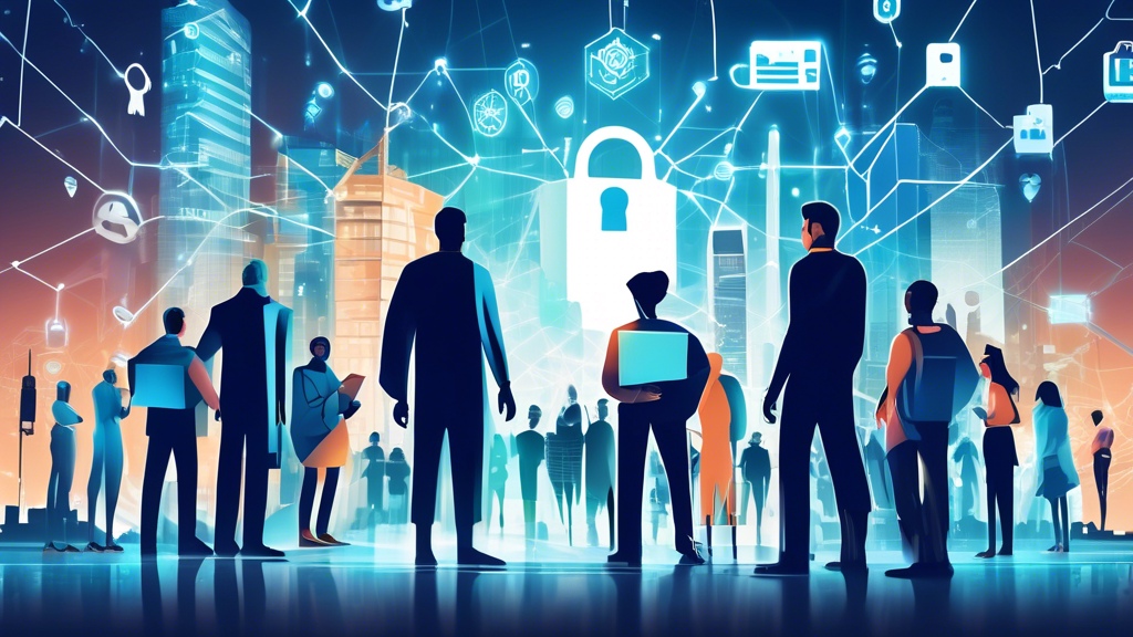 Create an image that symbolizes a modern digital privacy alliance. Picture a futuristic cityscape where various technology buildings represent different sectors joining forces to protect digital privacy. In the foreground, a diverse group of individuals, including tech professionals and everyday citizens, are uniting by holding luminous shields with padlock symbols. The backdrop features a digital network web linking the buildings and individuals to emphasize connectivity and collaboration. Incorporate elements that suggest modernity, such as holographic displays and drones, to emphasize the contemporary context.