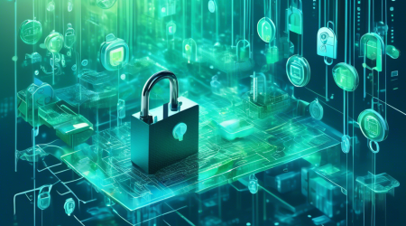 Create an image depicting a digital landscape where traditional padlocks and keys float in a futuristic virtual environment, symbolizing the protection of financial privacy. Include elements like binary code, credit card icons, and secure digital vaults to represent online transactions, all set against a backdrop of abstract, high-tech cityscapes. The color scheme should be a blend of blues and greens to evoke a sense of security and trust.