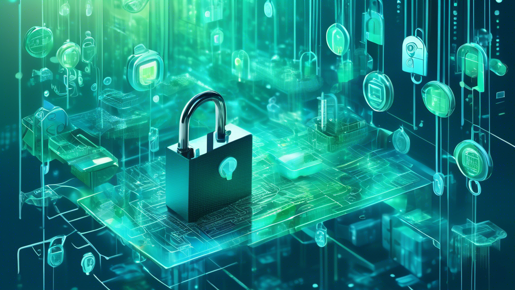 Create an image depicting a digital landscape where traditional padlocks and keys float in a futuristic virtual environment, symbolizing the protection of financial privacy. Include elements like binary code, credit card icons, and secure digital vaults to represent online transactions, all set against a backdrop of abstract, high-tech cityscapes. The color scheme should be a blend of blues and greens to evoke a sense of security and trust.