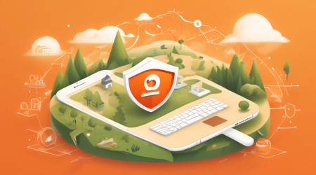 Create an image depicting a digital landscape highlighting privacy, featuring a shield with the DuckDuckGo logo. Incorporate elements such as encrypted data symbols, a magnifying glass, and a browser window displaying search results. The overall atmosphere should convey a sense of security and protection in the online world.