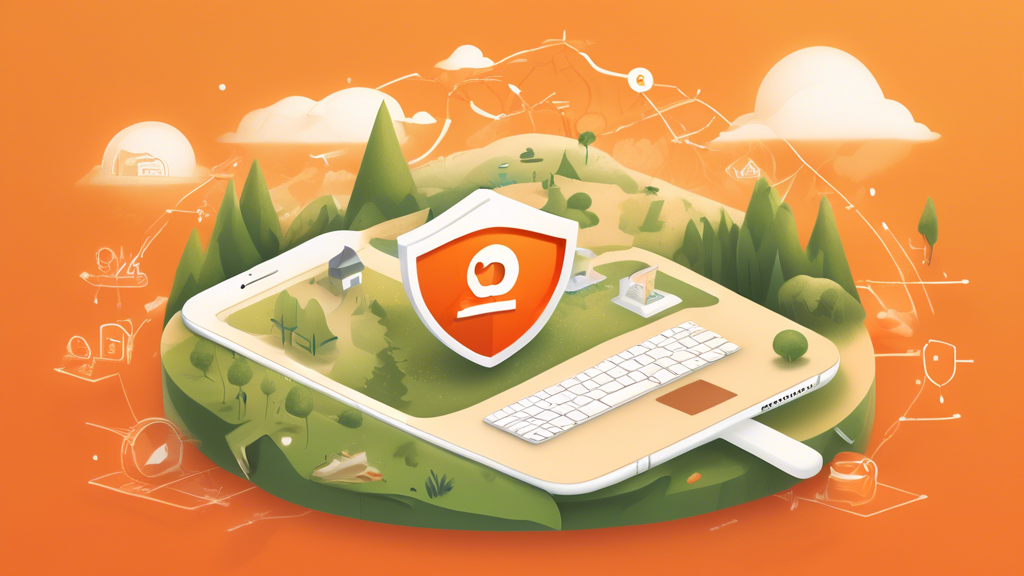 Create an image depicting a digital landscape highlighting privacy, featuring a shield with the DuckDuckGo logo. Incorporate elements such as encrypted data symbols, a magnifying glass, and a browser window displaying search results. The overall atmosphere should convey a sense of security and protection in the online world.