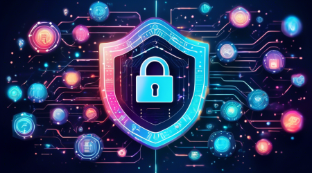 Create an image of a futuristic, high-tech digital shield symbolizing online privacy protection, surrounded by floating holographic icons representing various digital security measures such as a padlock, fingerprint, shield, and encrypted data. The background should depict a matrix of interconnected networks and digital code, highlighting the theme of free online privacy in a modern, visually engaging style.