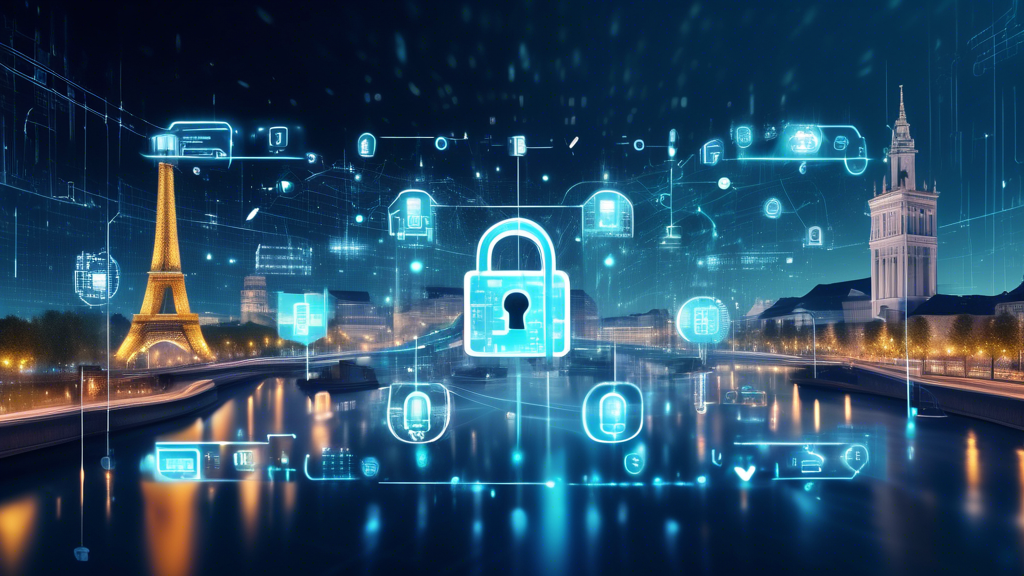 Create an image of a futuristic European cityscape with digital symbols representing internet privacy and security, such as padlocks, eye symbols, and binary code. Incorporate elements like European landmarks subtly integrated with holographic displays showing GDPR (General Data Protection Regulation) text and symbols. The scene should evoke a sense of advanced technology harmoniously coexisting with traditional architecture, reflecting the balance between privacy and progress.