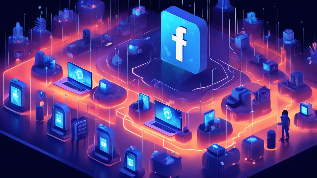 Create an image depicting a stylized digital landscape that represents Facebook's online privacy measures. The scene includes a secure server room with glowing locks and shields symbolizing protection. Various digital fences and firewalls are visible, alongside holograms of social media icons that float around cautiously. In the center, a large, illuminated Facebook logo is encased in a transparent, high-tech safe. The atmosphere is futuristic, with a blue and silver color palette to convey a sense of security and technological advancement.