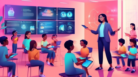 Create an image depicting a futuristic classroom setting where a teacher is explaining the key points of COPPA (Children's Online Privacy Protection Act) with holographic charts and digital screens. Students of various ages, genders, and ethnicities are engaged, using tablets and AR glasses to interact with the information. The digital screens display words like “Privacy”, “Consent”, “Data Protection”, and “Children's Safety” in bold letters, while animated diagrams illustrate the implications of COPPA in online environments.