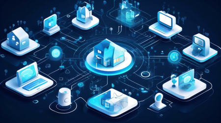 Create an image illustrating the concept of privacy and security in the Internet of Things (IoT) era. The scene features a smart home filled with connected devices like smart speakers, thermostats, and security cameras. Each device is enveloped in a digital shield, symbolizing protection. In the background, streams of binary code flow securely between devices, while a figure resembling a guardian made of data particles watches over the network. The overall atmosphere should convey a sense of advanced technology and safety.