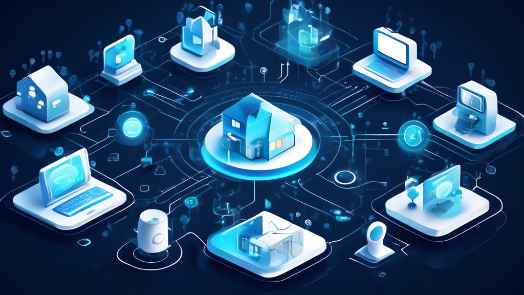 Create an image illustrating the concept of privacy and security in the Internet of Things (IoT) era. The scene features a smart home filled with connected devices like smart speakers, thermostats, and security cameras. Each device is enveloped in a digital shield, symbolizing protection. In the background, streams of binary code flow securely between devices, while a figure resembling a guardian made of data particles watches over the network. The overall atmosphere should convey a sense of advanced technology and safety.