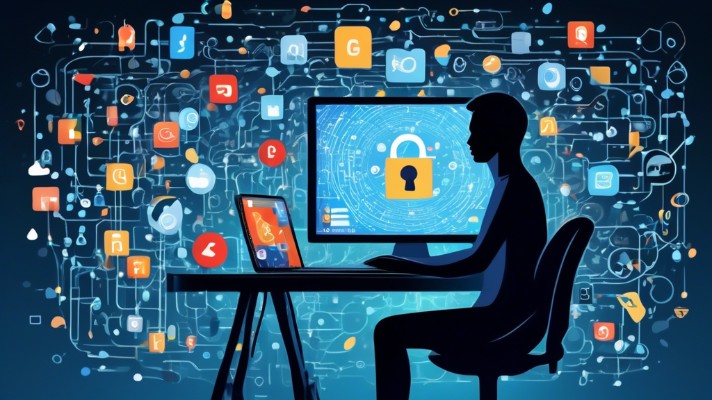 Create an image of a person sitting at a computer surrounded by floating digital symbols representing online privacy, such as a padlock, shield, and eye icons. The computer screen displays an abstract representation of Google's logo intertwined with a privacy icon, symbolizing the intersection of Google services and user privacy considerations. The background should be filled with binary code and digital patterns, emphasizing the theme of online privacy navigation.