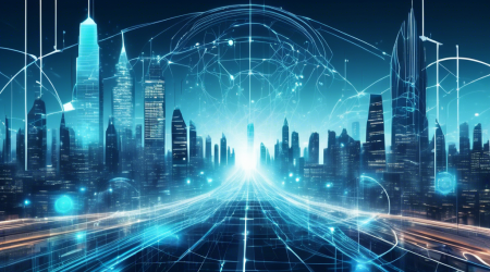 Create an illustration of a futuristic cityscape with digital elements, where the skyline is interwoven with flowing data streams. In the foreground, represent the FTC as a protective guardian, symbolized by a large, watchful eye overseeing the city. The eye should emanate a sense of security, with symbols of privacy like padlocks and shields subtly integrated into the architecture. The scene should convey a harmonious balance between innovation and regulation, highlighting the importance of privacy protection in a digital world.